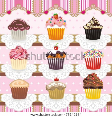 stock vector Cute Cupcakes Seamless Pattern Set of 9 colorful cupcakes in