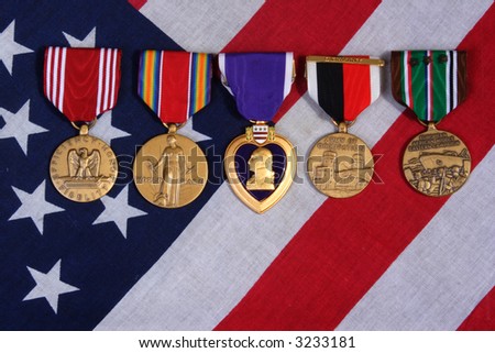 American War Medals on a USA red white and blue  Flag Background.