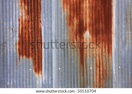 Colorful Rusted Corrugated aluminum Sheet Metal siding with nail heads showing. Texture background.