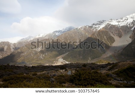 Beautiful scenery of Mt Cook valleys in the morning time at Central Otago Southern Alps mountains South island New Zealand