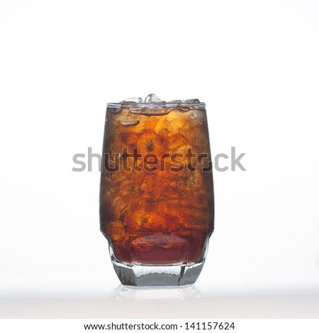 Sparkling cola soft drinks whit soda water and ice in glass isolated on white background