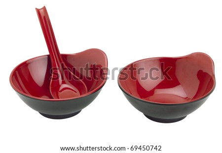 Red bowls and spoon the dessert bowl from japan isolated on white