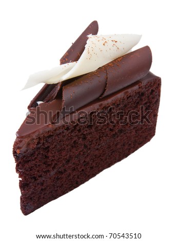 Chocolate cake topping with white chocolate isolated on white
