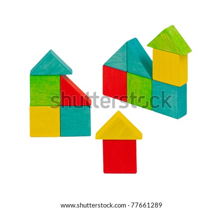 Cute and colorful wooden toy blocks, kid can creates and build home, an image isolated on white