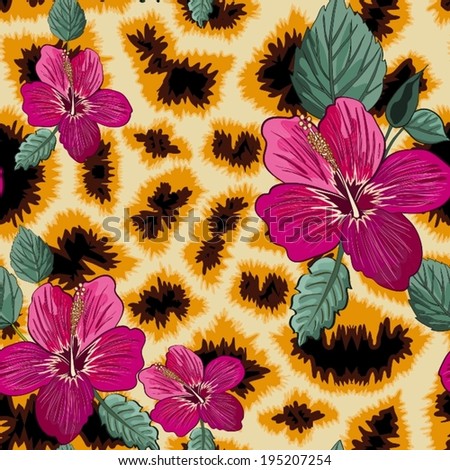 Seamless background with giraffe skin and hibiscus flowers Seamless background with giraffe skin and hibiscus flowers