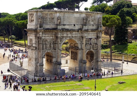 ROME, ITALY - 28 JULY 2014: Arch Of Constantine. View from the Colosseum. Rome Italy