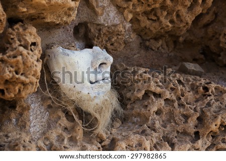 Ceramic mask with barb on the antic wall. Soft focus put only on nose of the mask.