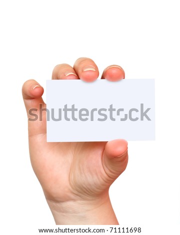 business card in hand on white background