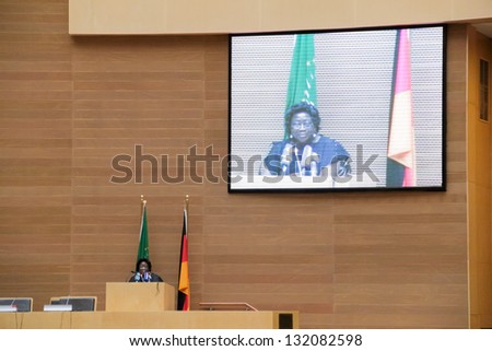 Addis Ababa, Ethiopia - March 18:  The master of ceremony introduces President Joachim Gauck to deliver his speech at the African Union Head Quarters in Addis Ababa, Ethiopia on March 18, 2013