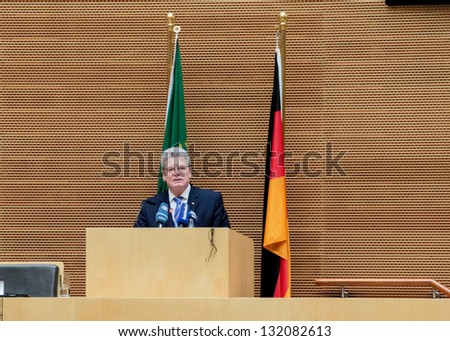 Addis Ababa, Ethiopia - March 18: German President Joachim Gauck delivers his speech to the Council of Permanent Representatives of the AU  in Addis Ababa, Ethiopia on March 18, 2013