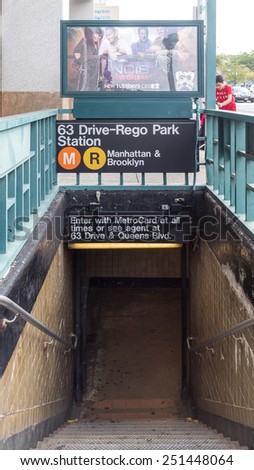 Queens, New York - Aug 19: The entrance of 63 Drive-Rego Park Subway Station leads to the M and R trains to Manhattan and Brooklyn, August 19, 2014, Queens, New York.