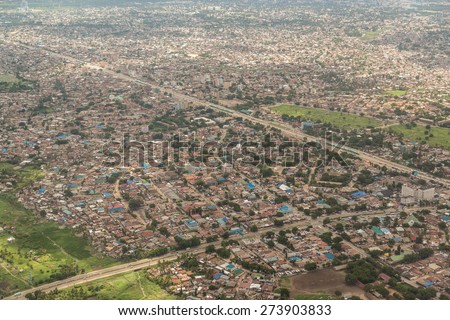 Aerial view of the city of Dar Es Salaam  showing the densely packed houses and  buildings