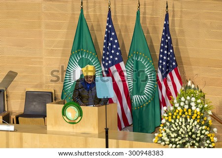 Addis Ababa - July 28: H.E. Dr. Dlamini Zuma, Chairperson of the AUC, delivers a keynote speech at the Nelson Mandela Hall of the AU Conference Centre, on July 28, 2015, in Addis Ababa, Ethiopia.
