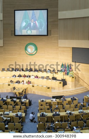 Addis Ababa - July 28: President Obama delivers a keynote speech to the African continent and its leaders, on July 28, 2015, at the Nelson Mandela Hall of the African Union in Addis Ababa, Ethiopia.