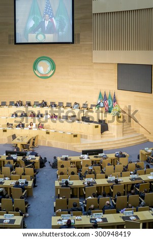 Addis Ababa - July 28: President Obama delivers a keynote speech to the African continent and its leaders, on July 28, 2015, at the Nelson Mandela Hall of the African Union in Addis Ababa, Ethiopia.