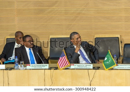 Addis Ababa - July 28: President Obama and Prime Minister Hailemariam Desalegn attentively listen to the speech ofDr. Dlamini Zuma, Chairperson of the AUC, on July 28, 2015, in Addis Ababa, Ethiopia.