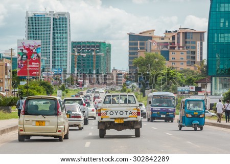 Dar Es Salaam: April 22: Traffic slows down travellers on the busy streets of Downtown Dar Es Salaam on April 22, 2015 in Dar Es Salaam, Tanzania