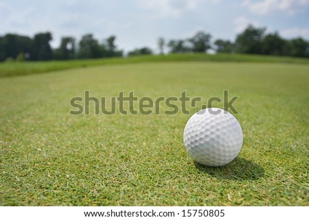 Golf Ball on Green. Wide angle against background of trees and sky.