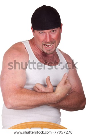 A clean isolated image of a man in a white tank top. He is flexing his muscles with a very funny face.