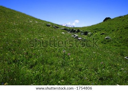 Alpine meadow : a bowl with small mountain in background in form of chimney with a cloud like fume.