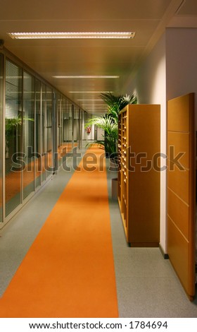 Office corridor with orange carpet and some trees.