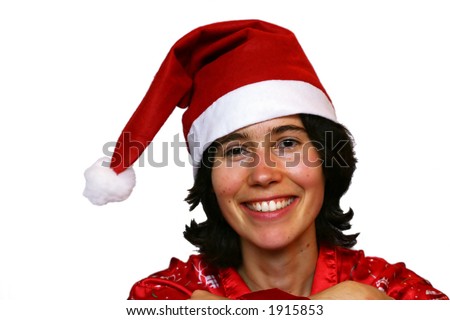 stock photo : Smiling young girl disguised in Santa Claus.