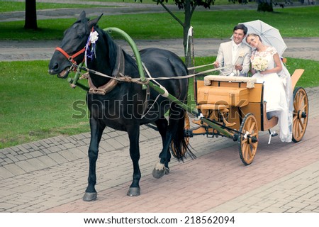 Romantic Bride and groom in carriage with horse on wedding day
