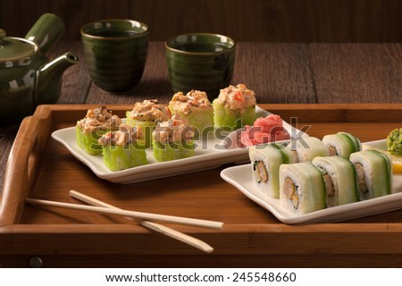 Japanese seafood vegetarian sushi set on white plate