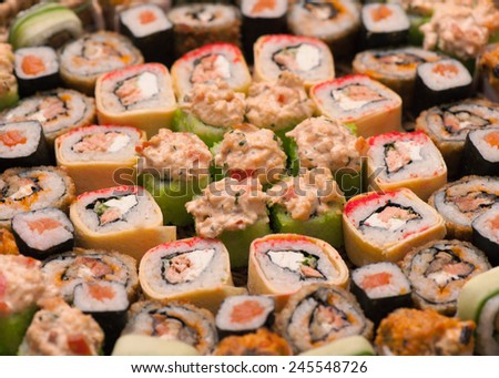 Japanese food - sushi and rolls background