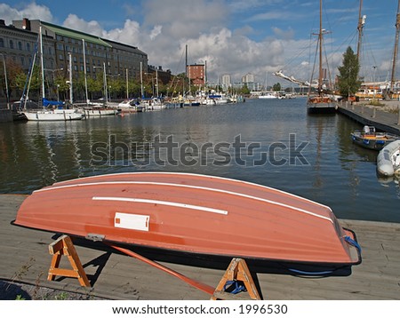 Life saving boat in a harbor, view