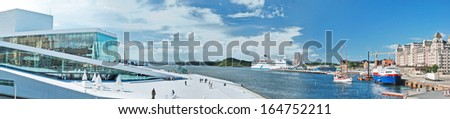 Oslo, Norway - July 07. Panorama of Oslo Opera House and harbor on July 07, 2010. Oslo Opera House is one of fascinating works in modernism. It has flat \