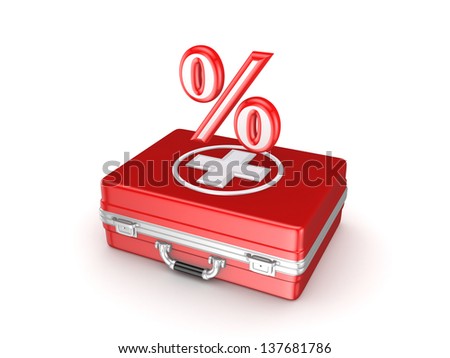 Symbol of percents on a medical suitcase.Isolated on white background.3d rendered.