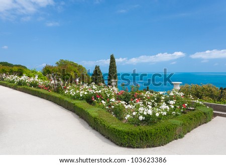 beautiful landscape - white roses, sea and sky in Vorontsov Palace, Crimea, Ukraine