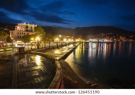 Night city near sea. Ukraine, Black sea, Yalta