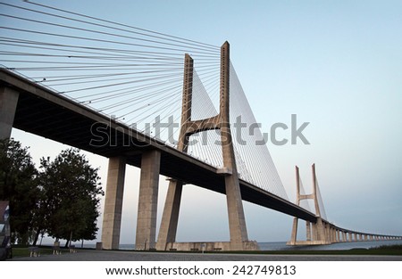 LISBON -  - MAY 27, 2012: Vasco da Gama Bridge - cable-stayed bridge, flanked by viaducts over the River Tagus. It is the longest bridge in Europe