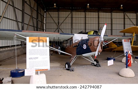 HATZERIM, ISRAEL - FEBRUARY 02, 2012: English light aircraft Auster J1 Autocrat at the museum of the Air Force IDF