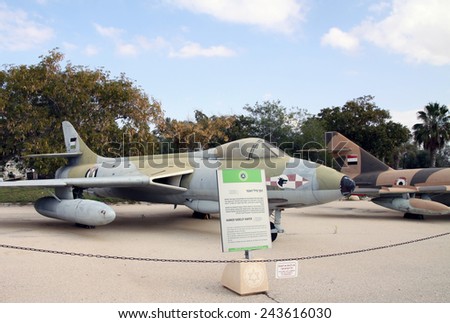 HATZERIM, ISRAEL - FEBRUARY 02, 2012: British warplane Hawker-Siddeley  Hunter at the museum of the Air Force IDF