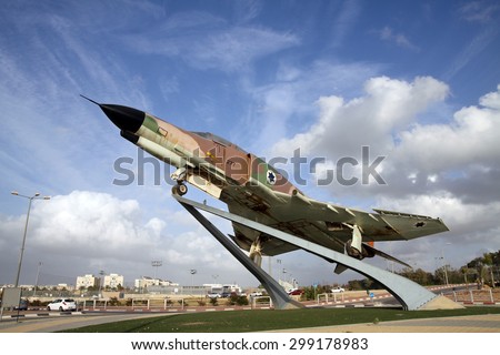BEER SHEVA, ISRAEL - JANUARY 16, 2012: All-weather multi-role fighter of the Air Force of Israel, F-4 Phantom on a pedestal in Be\'er Sheva