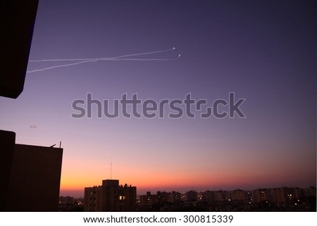 BEER SHEVA, ISRAEL - AUGUST 20, 2011: Iron Dome missile defense system shoots down rocket in the sky over Be'er Sheva