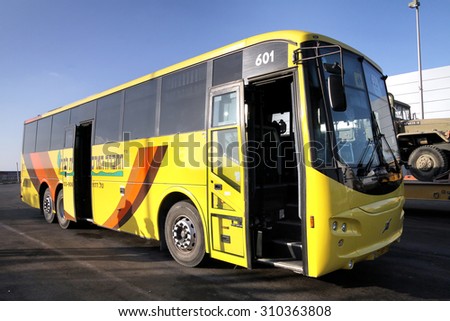 ISRAEL - JULY 17, 2013:  Armored triaxial long-distance passenger bus