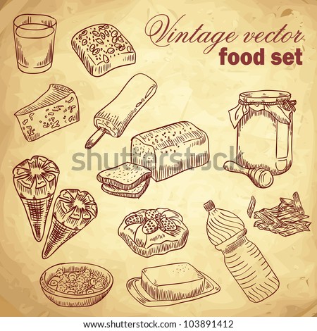 Vintage hand-drawn food set with various tasty things and dishes for breakfast