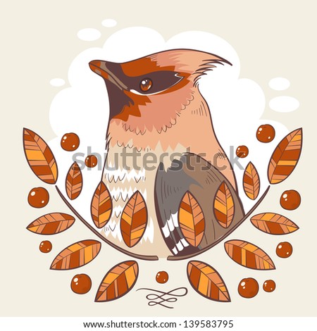 Wax bird colorful tattoo illustration with mountain ash branches and berries