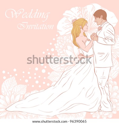 stock vector Bride and groom wedding invitation card on a lovely floral 