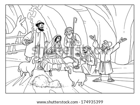Christmas Story: shepherds in the stable with Joseph, Mary and baby Jesus