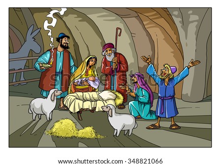 Christmas Story: Shepherds in the stable with Joseph, Mary and baby Jesus