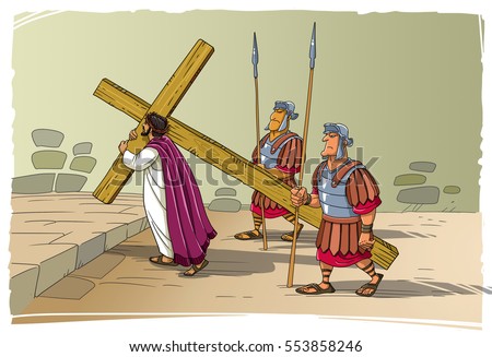 Warriors lead Jesus Christ to death on Mount Calvary. Jesus carries His cross.