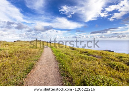 Straight gravel path in Easter Island landscape