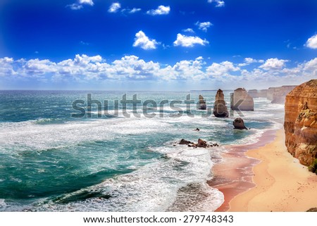 Twelve Apostles and orange cliffs along the Great Ocean Road in Australia