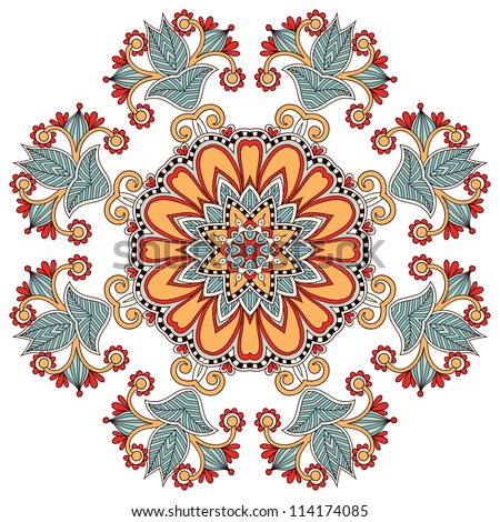 Circle flower ornament, ornamental round lace design. Raster version