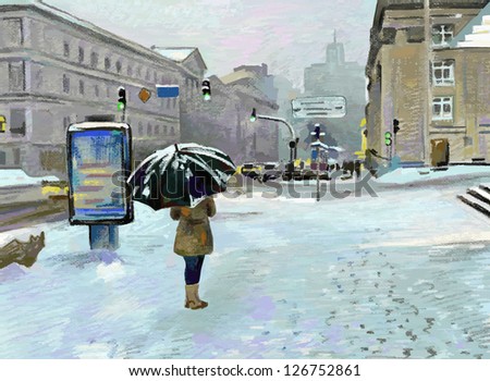 digital art painting of winter city landscape , vector version